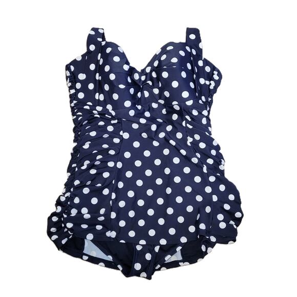 Unique Vintage Navy & White Polka Dot Corinne Halter Sheath Swimsuit 1X NWT - Picture 2 of 13